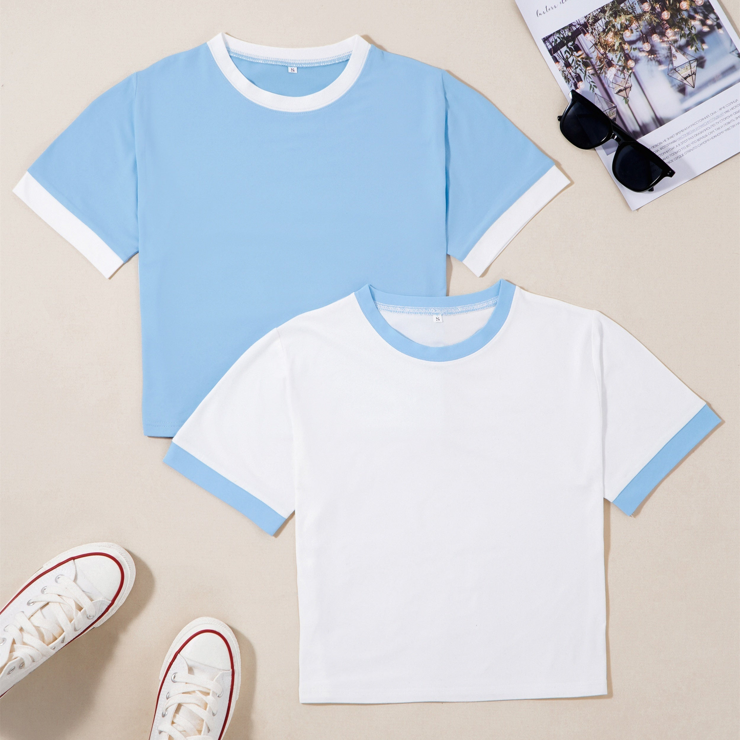 Dam T-shirt Set med Kontrastkant och Kort Ärms, Trendig och Avslappnad Stil för Vardagsbruk