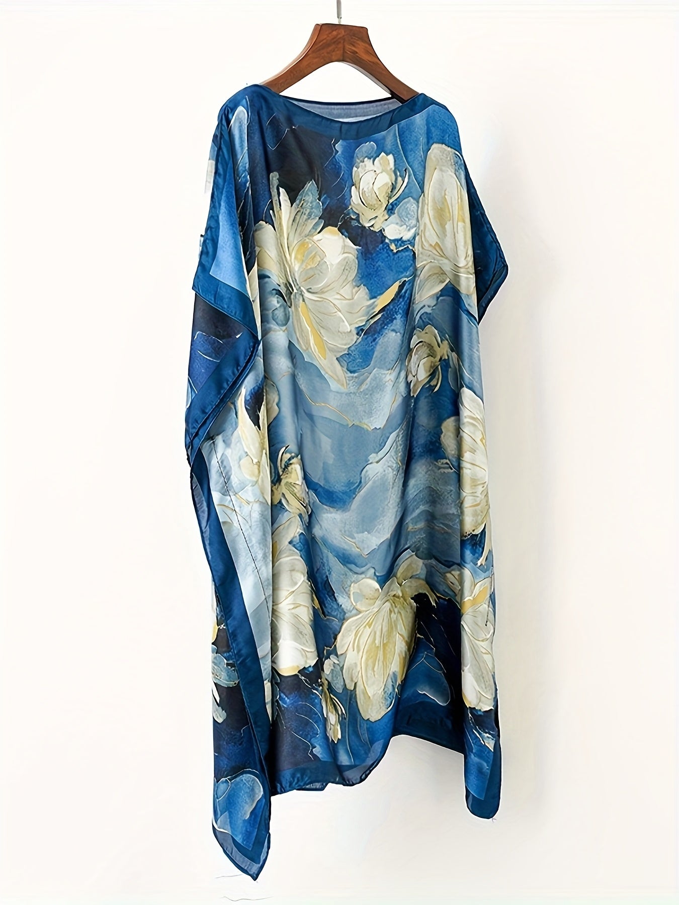 Dam Poncho Kaftan Boho Asymmetrisk Strandtunika med Blommönster