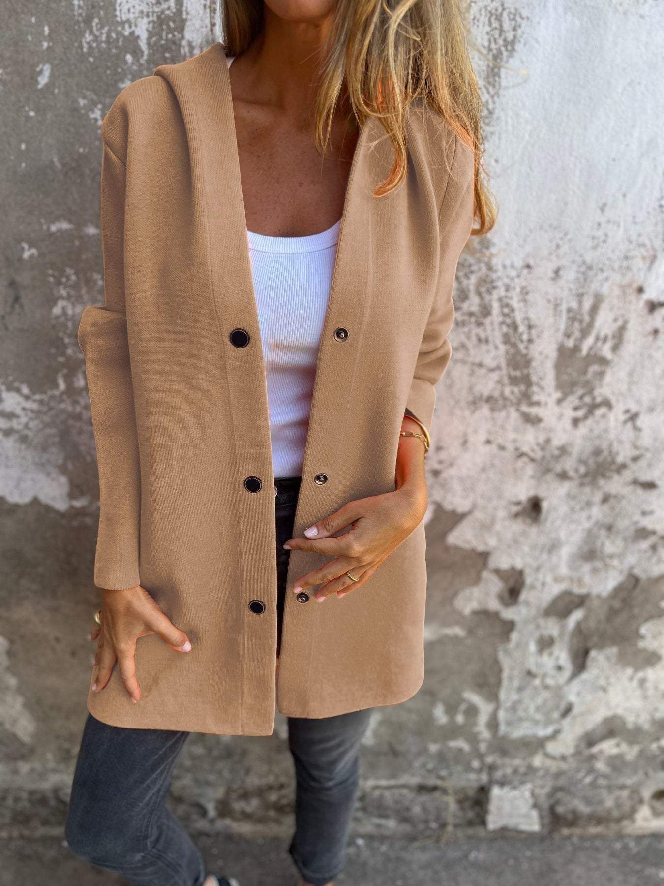 Linda – Lättvikts Huva Enkelt Knäppt Cardigan Fashion Lös Enfärgad Jacka Vår och Höst Damkläder