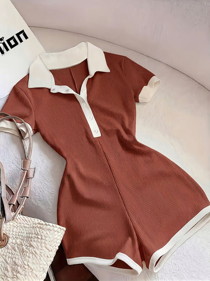Dam Playsuit Kortärmad Sportig Sommar Romper med Krage och Knappdetalj