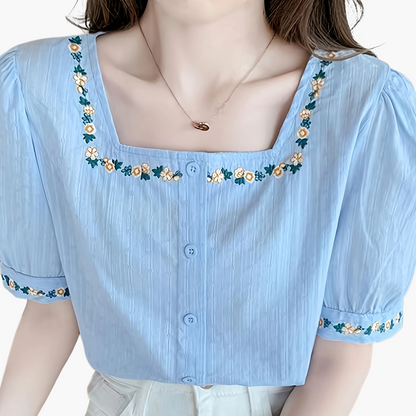 Dam Elegant Blus med Broderade Blommor och Fyrkantig Hals – Vår/Sommar Top