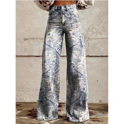 Jennifer – Tryckta Högmidjade Långa Byxor i Premium Vegan Denim