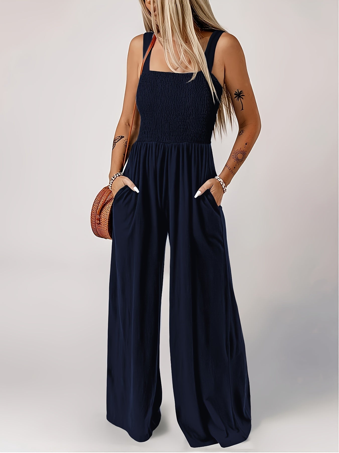 Dam Jumpsuit Elegant Smockad Byst Vid Ben Vardags- och Sommarstil