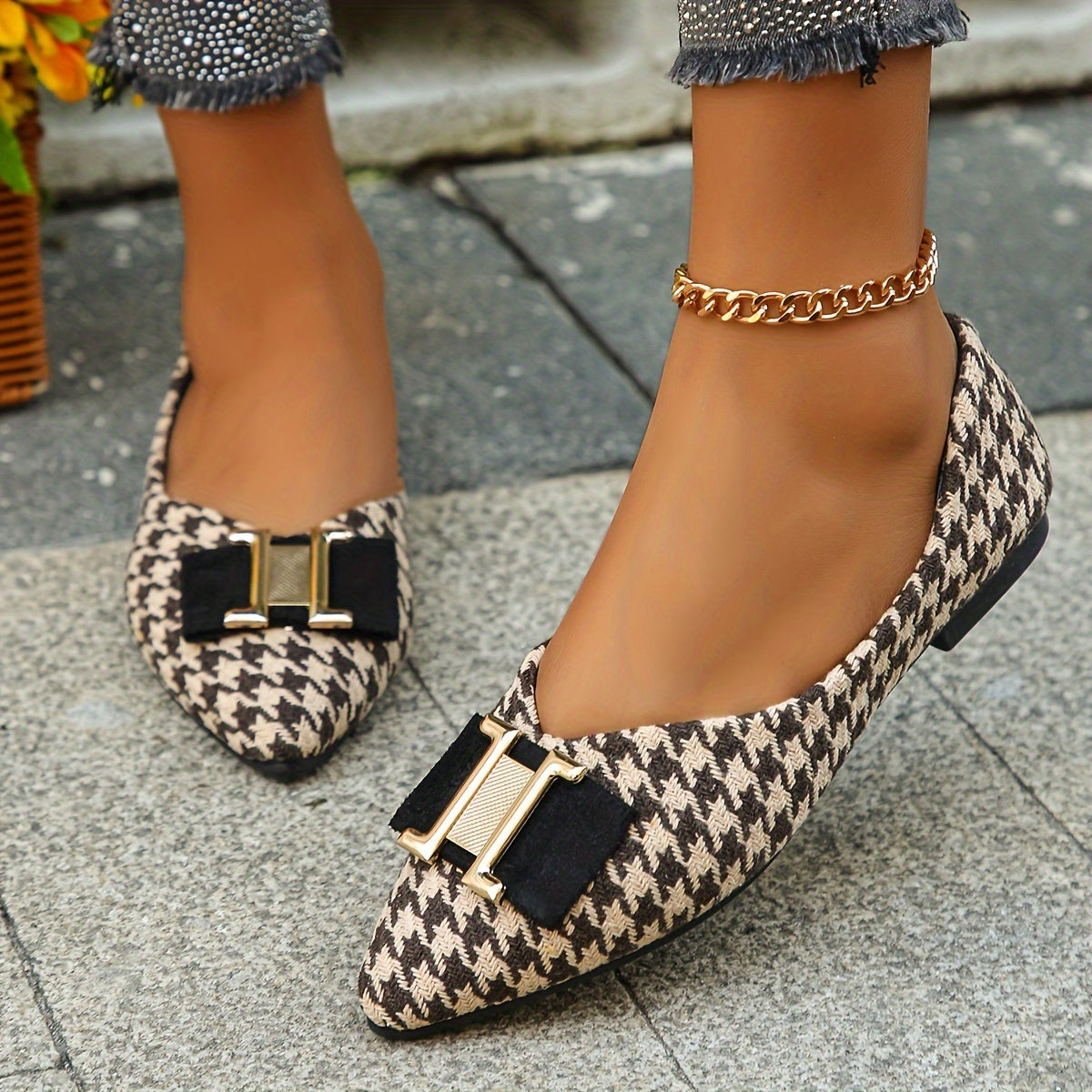 Damers eleganta loafers med spetsig tå och hundtandsmönster – Perfekta vardagsskor med dekorativ detalj