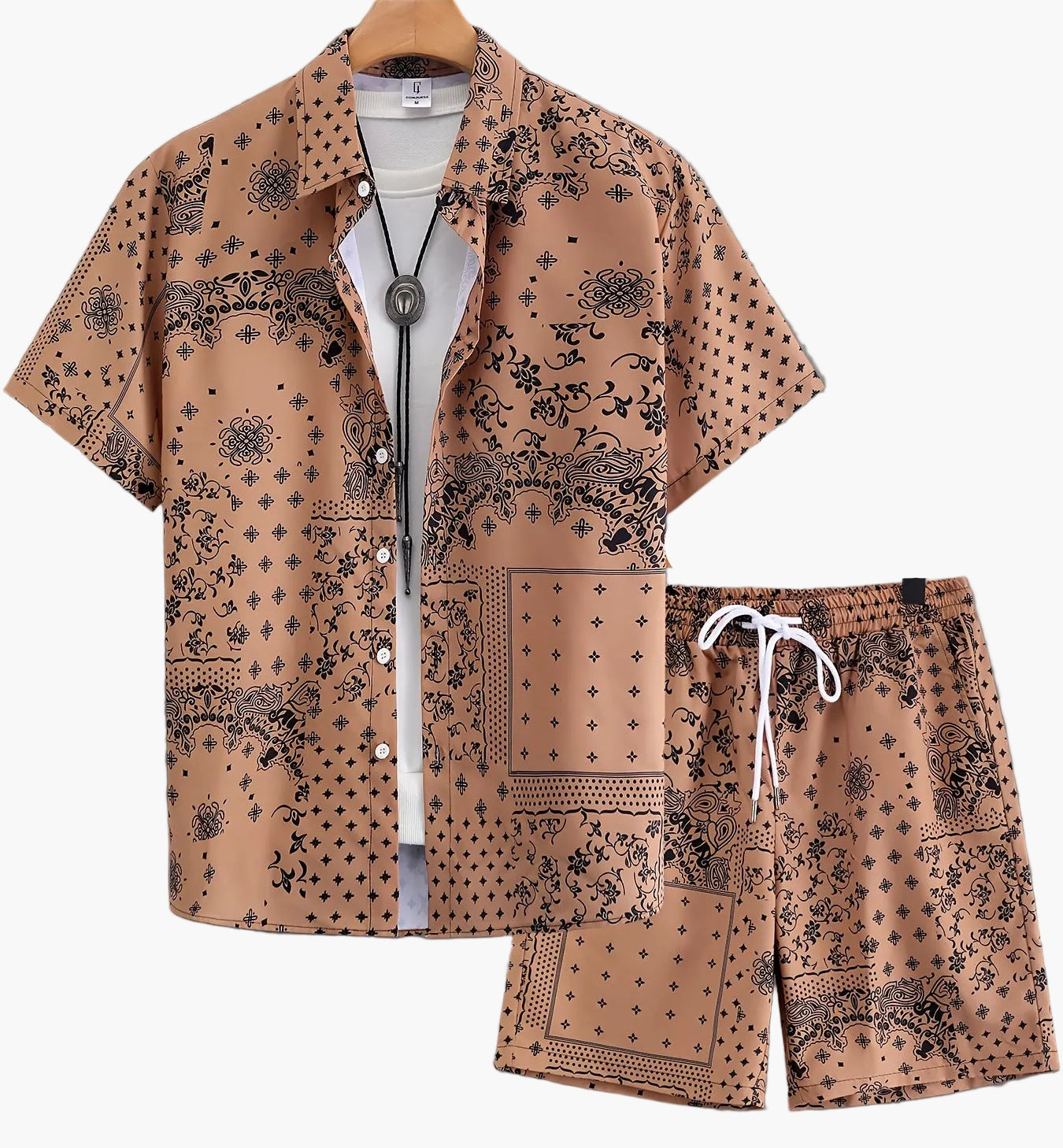 Herr Bandana-Set med Skjorta och Shorts – Avslappnad Sommarstil, Paisleymönster, Perfekt för Semester och Fritid