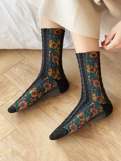 Damsockor med blommigt jacquardmönster för vardagsbruk – Fempack