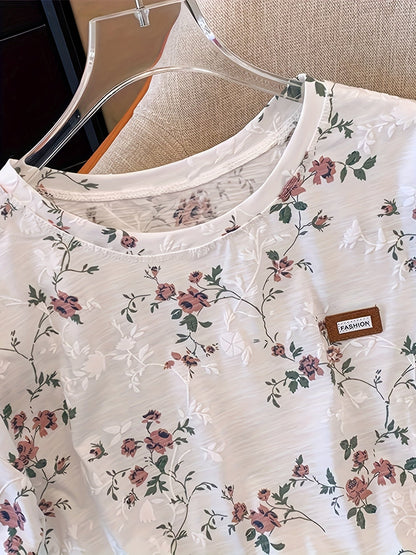 Dam T-shirt med blommigt mönster, avslappnad stil, vardagsbruk