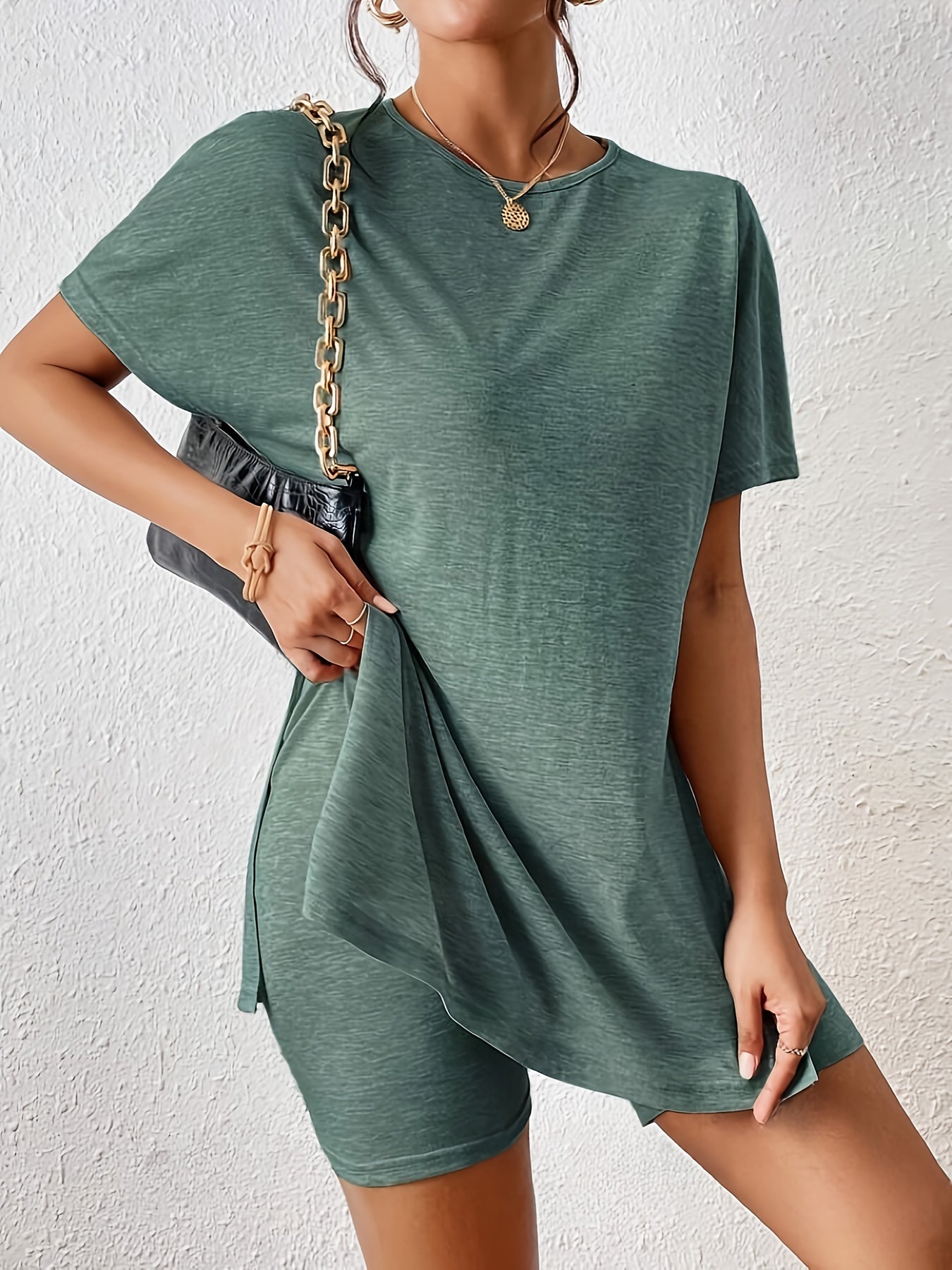 Damset Lounge Wear T-shirt och Shorts med Slits Elegant Stil