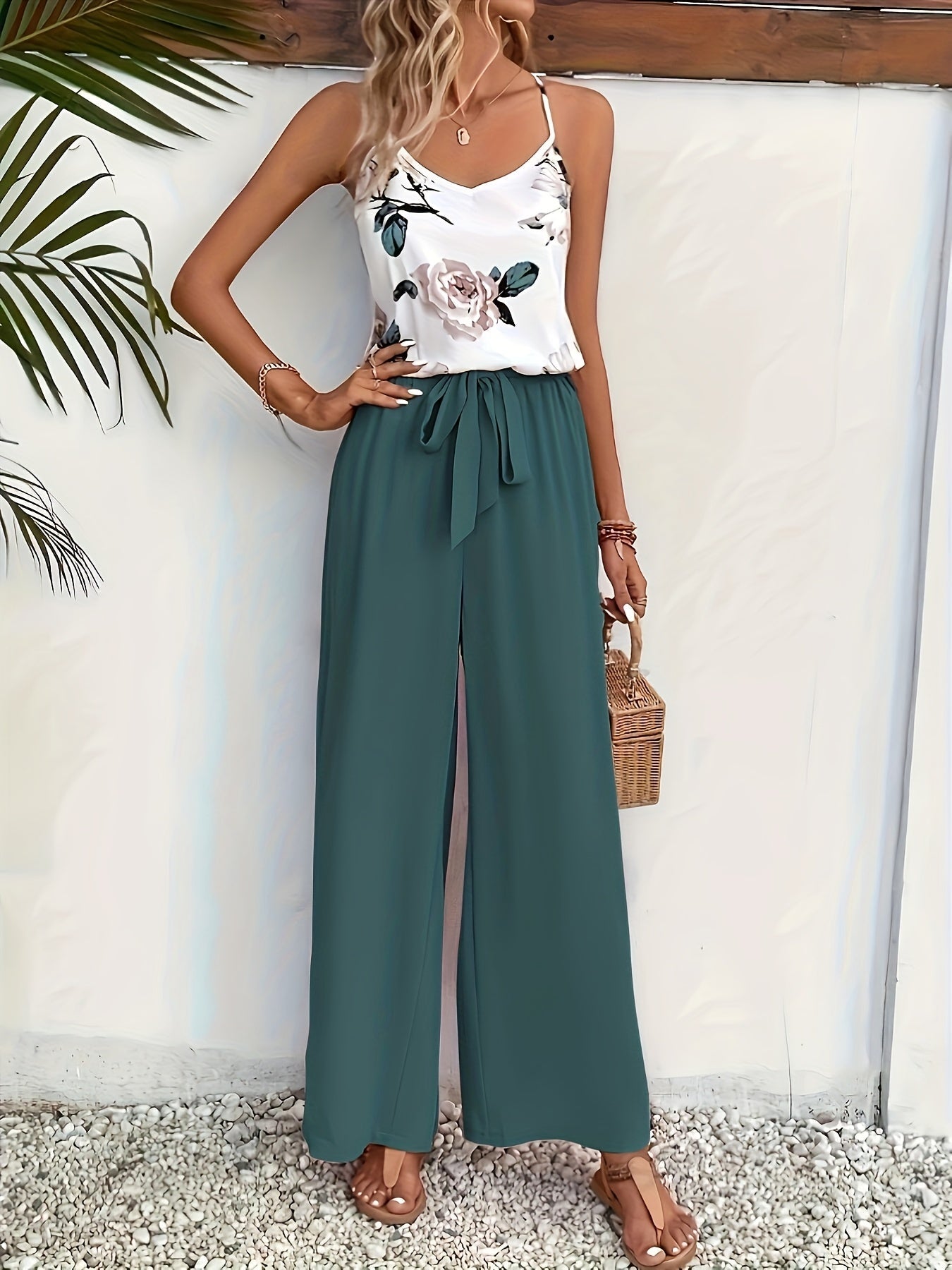 Dam Jumpsuit Elegant Blommig V-ringad Sommar Festdräkt