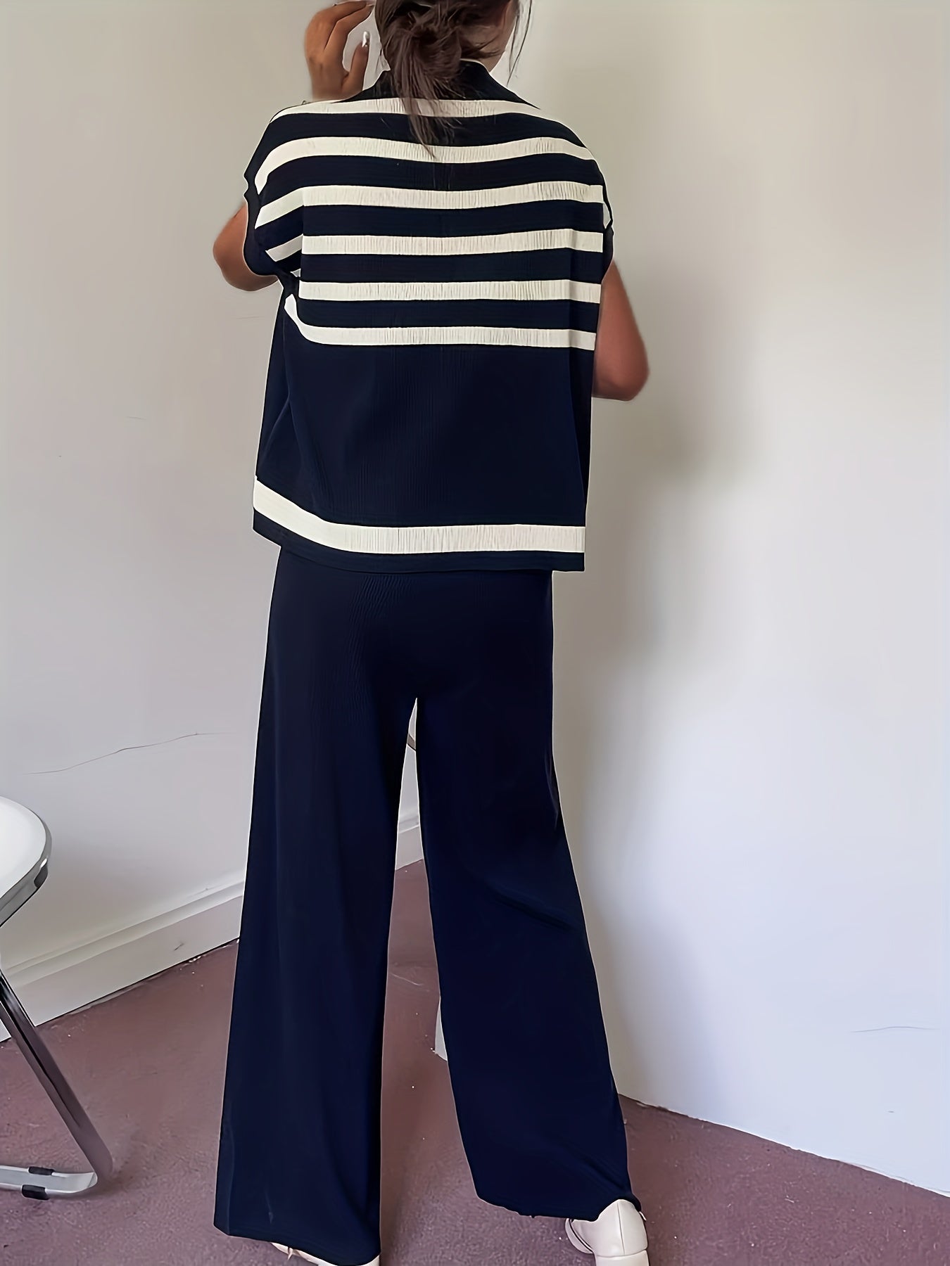 Dam Set Elegant Randig Topp och Vida Byxor för Vår/Sommar - Avslappnad Chic Outfit