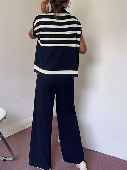 Dam Set Elegant Randig Topp och Vida Byxor för Vår/Sommar - Avslappnad Chic Outfit
