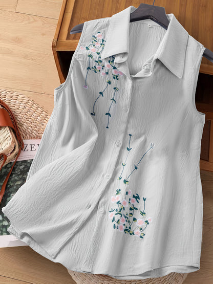 Dam Ärmlös Elegant Blus med Broderade Blommor – Perfekt För Vardag och Kontor