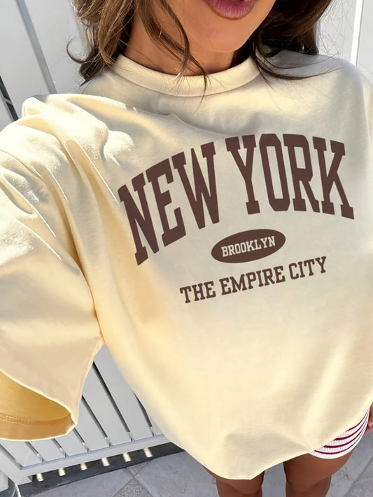 Dam T-shirt med New York-tryck – Vintage stil, avslappnad passform, mode för vardagsbruk