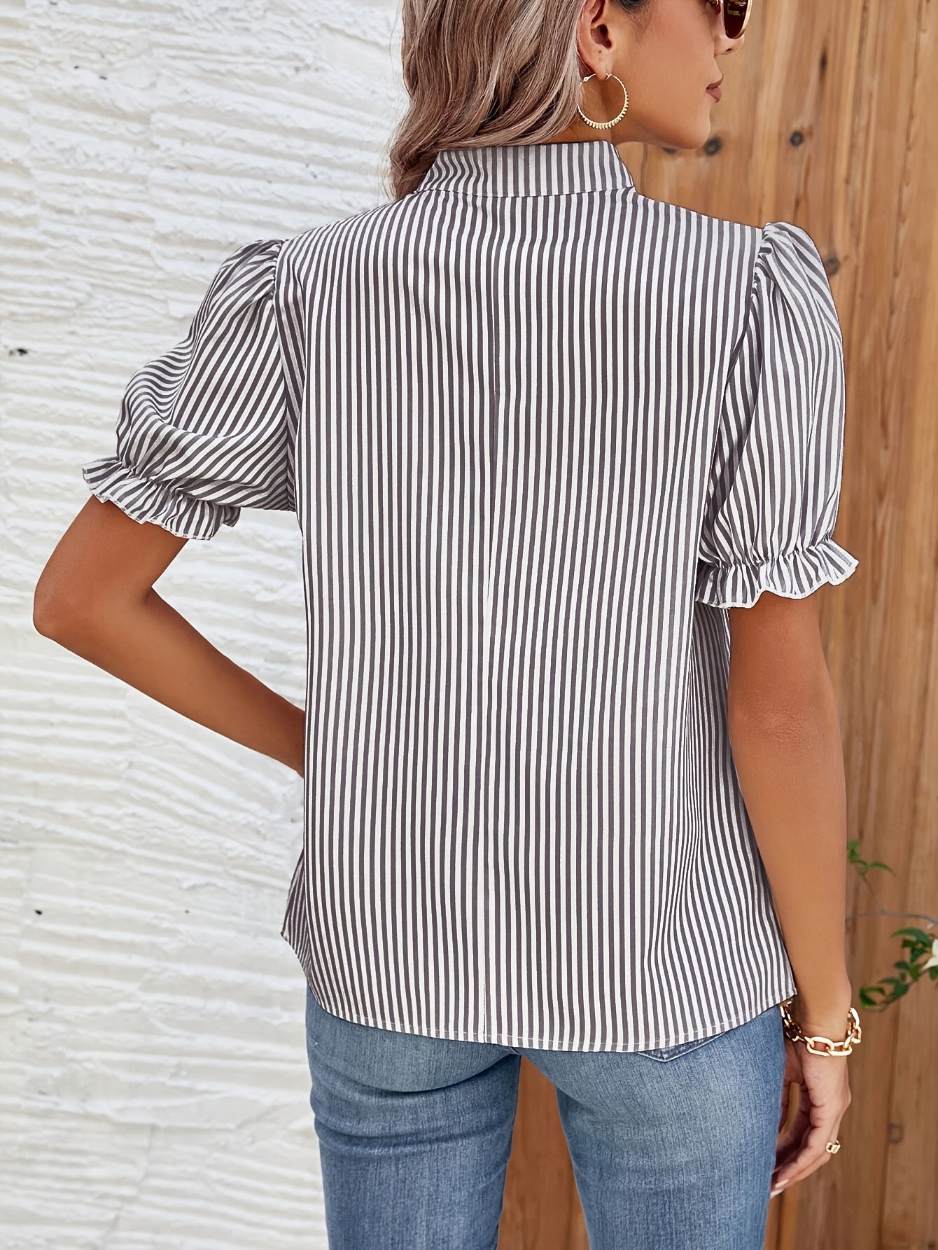 Dam Blus Randig Vardag Elegant Puffärm Vår/Sommar