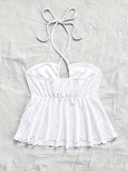 Dam Halterneck Sommartopp med Broderade Detaljer – Romantisk Babydoll Stil