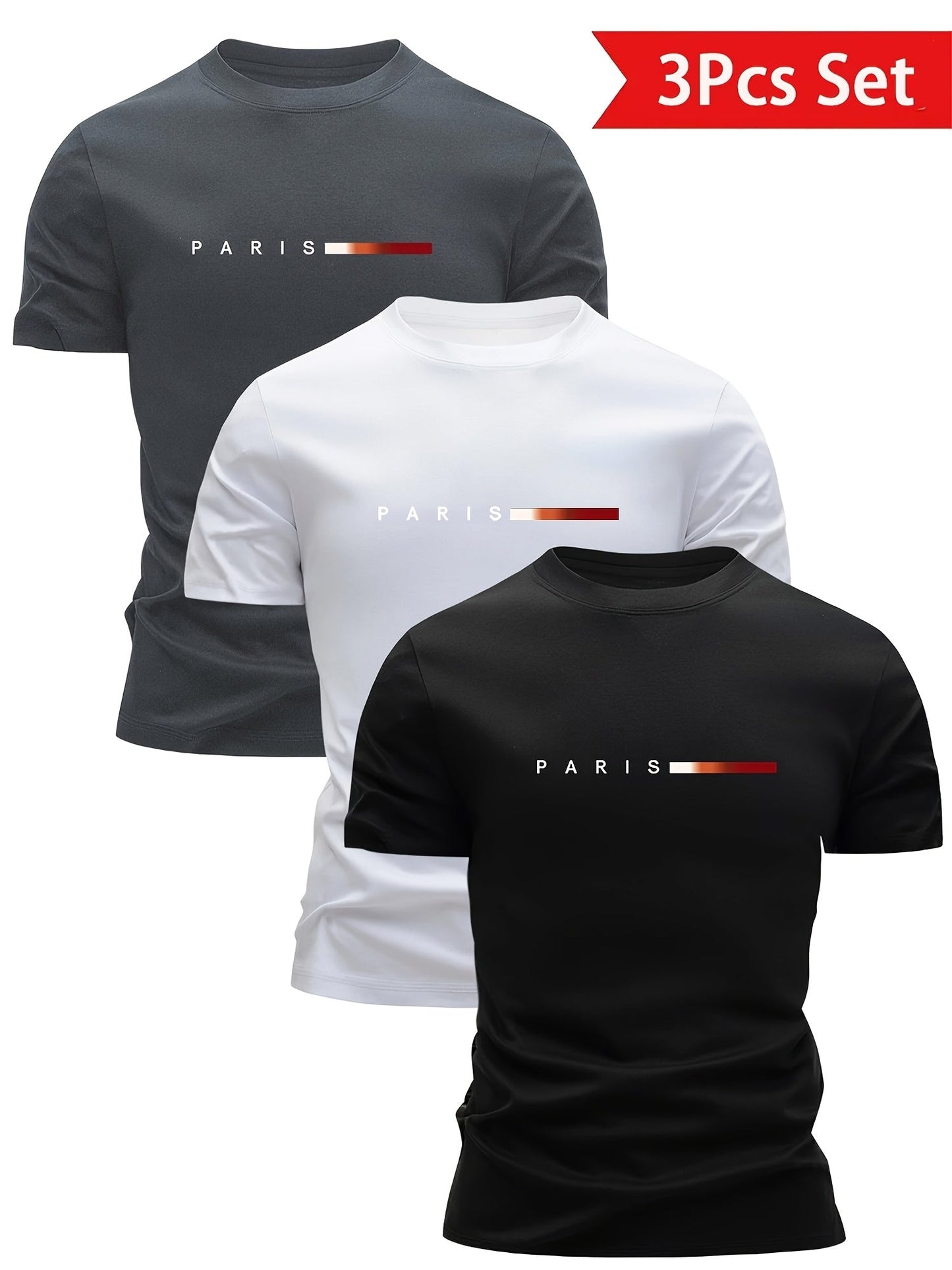 Herr T-shirt 3-pack Set Paris Tryck Sportig och Trendig Stil