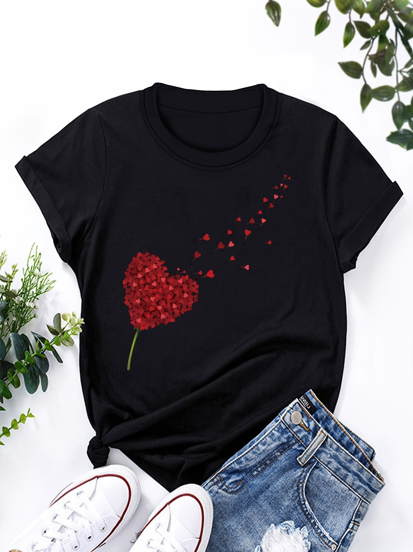 Dam T-shirt med hjärtmotiv – Trendig och avslappnad topp för vardagsbruk