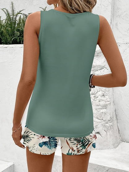 Dam Set – Trendigt Linne och Blommiga Shorts, Avslappnad Stil för Vår och Sommar