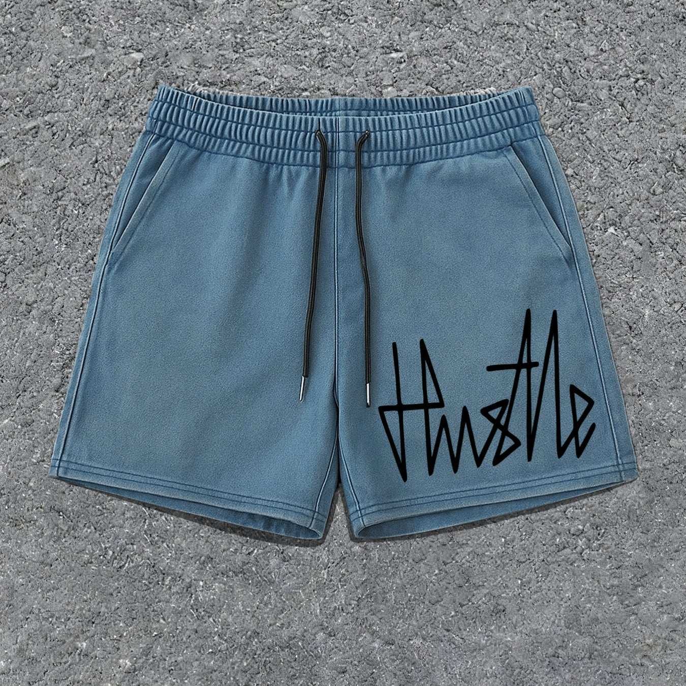Herrshorts Streetwear med Hustle-tryck, avslappnad stil för vardagsbruk