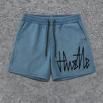 Herrshorts Streetwear med Hustle-tryck, avslappnad stil för vardagsbruk