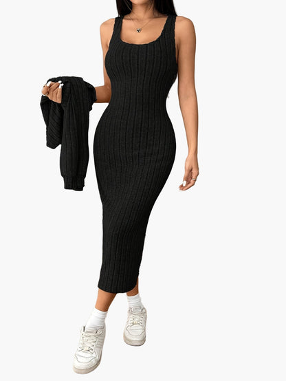 Dam Set med Kjol och Kofta – Elegant Ribbad Stickad Outfit för Vardag och Fritid