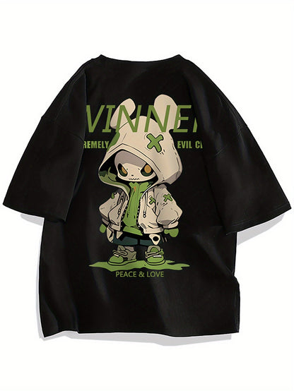 Herr T-shirt Streetwear Oversize med Tecknad Grafisk Design och Urban Stil