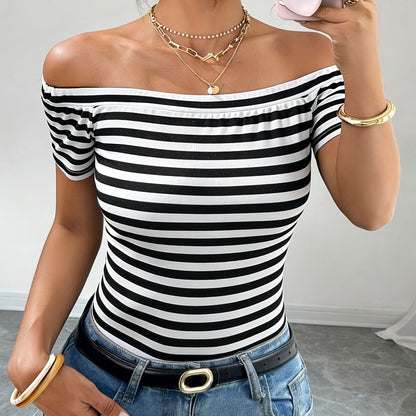 Dam Off-Shoulder Randig Topp – Elegant Bardot Stil för Vardag och Fest