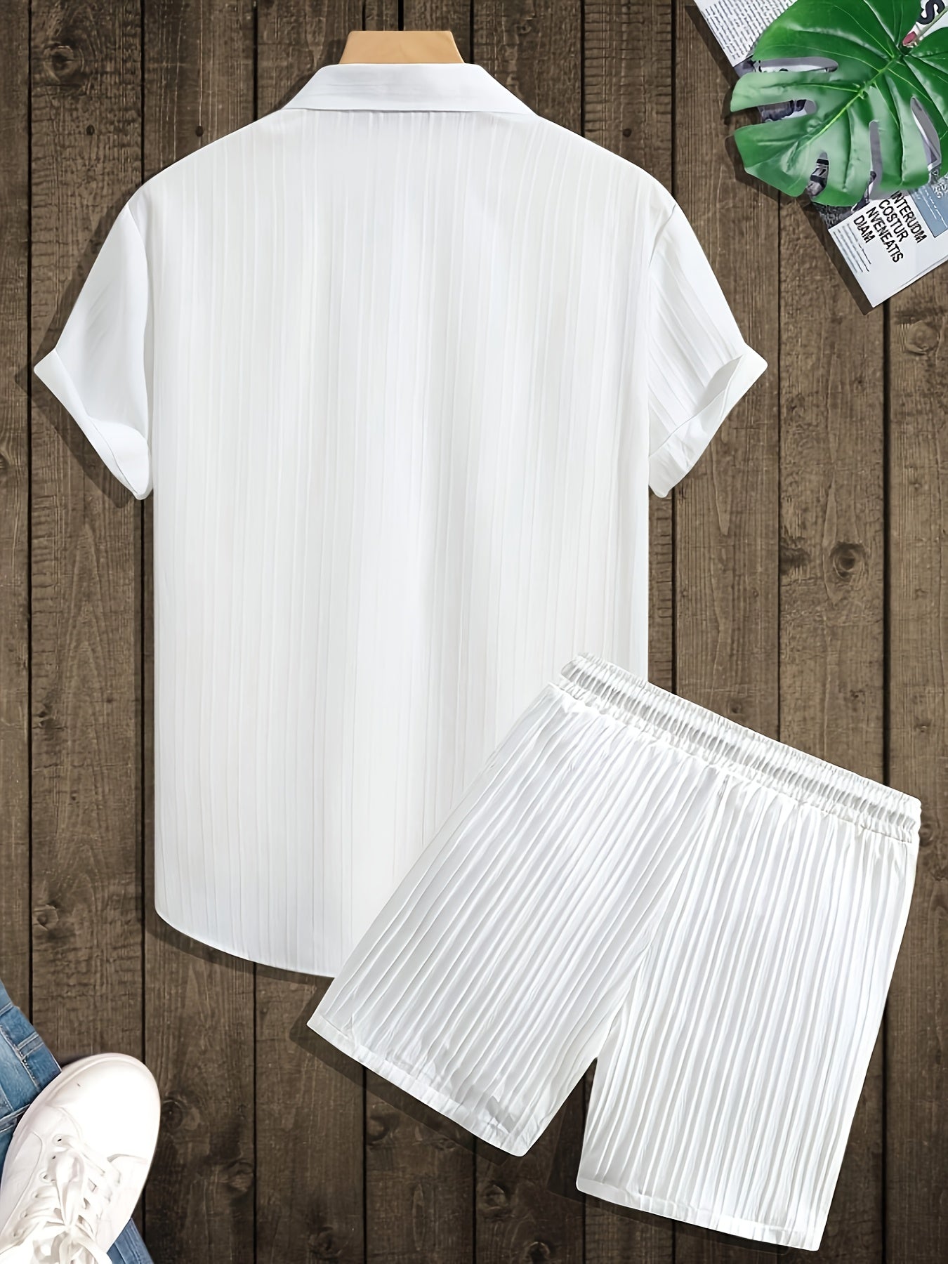Herr Set med Kortärmad Skjorta och Shorts – Avslappnad Plisserad Stil för Sommar och Fritid