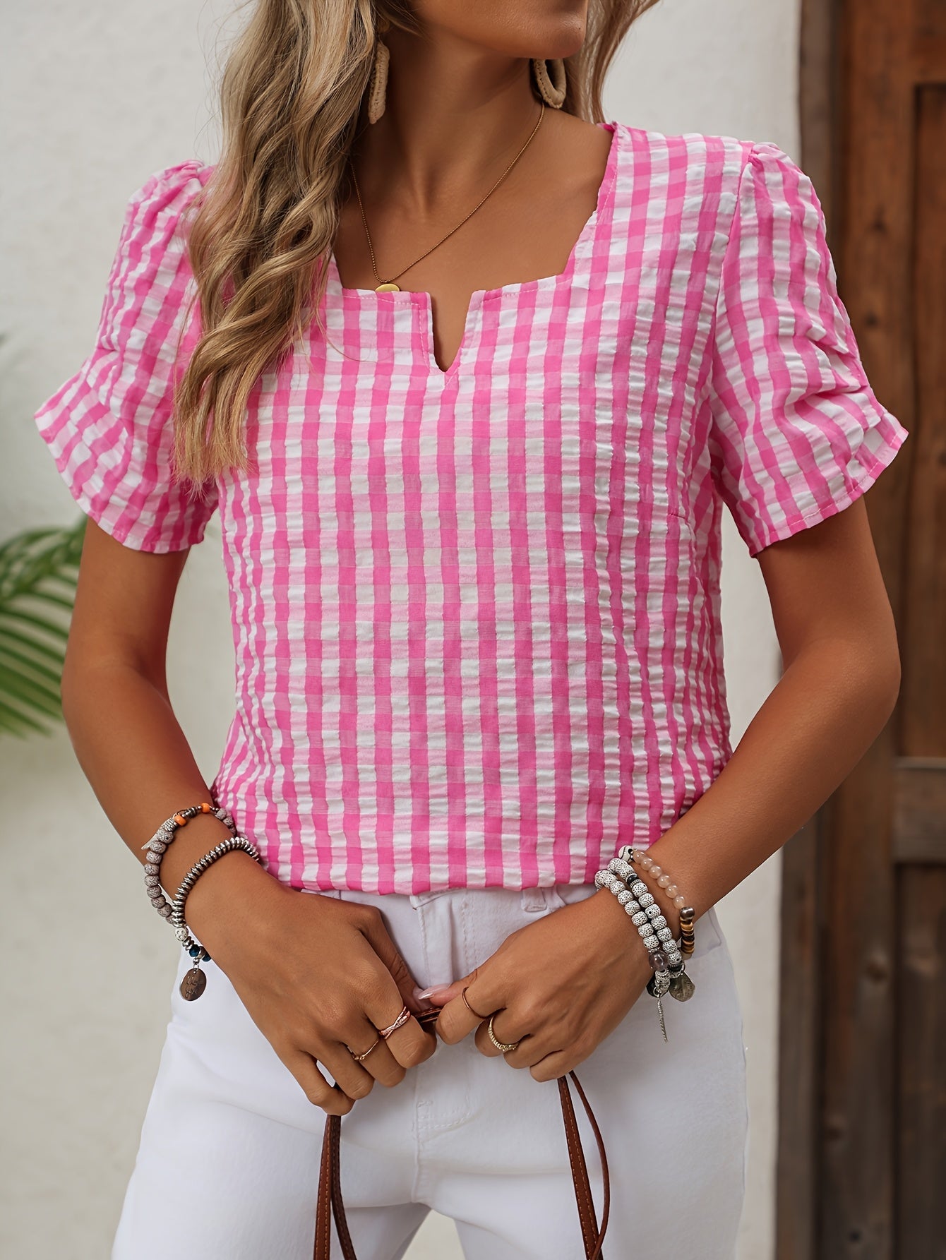 Dam Blus Elegant Rutig Vår/Sommar Top Kort Ärm Notch-Krage
