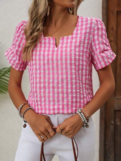 Dam Blus Elegant Rutig Vår/Sommar Top Kort Ärm Notch-Krage