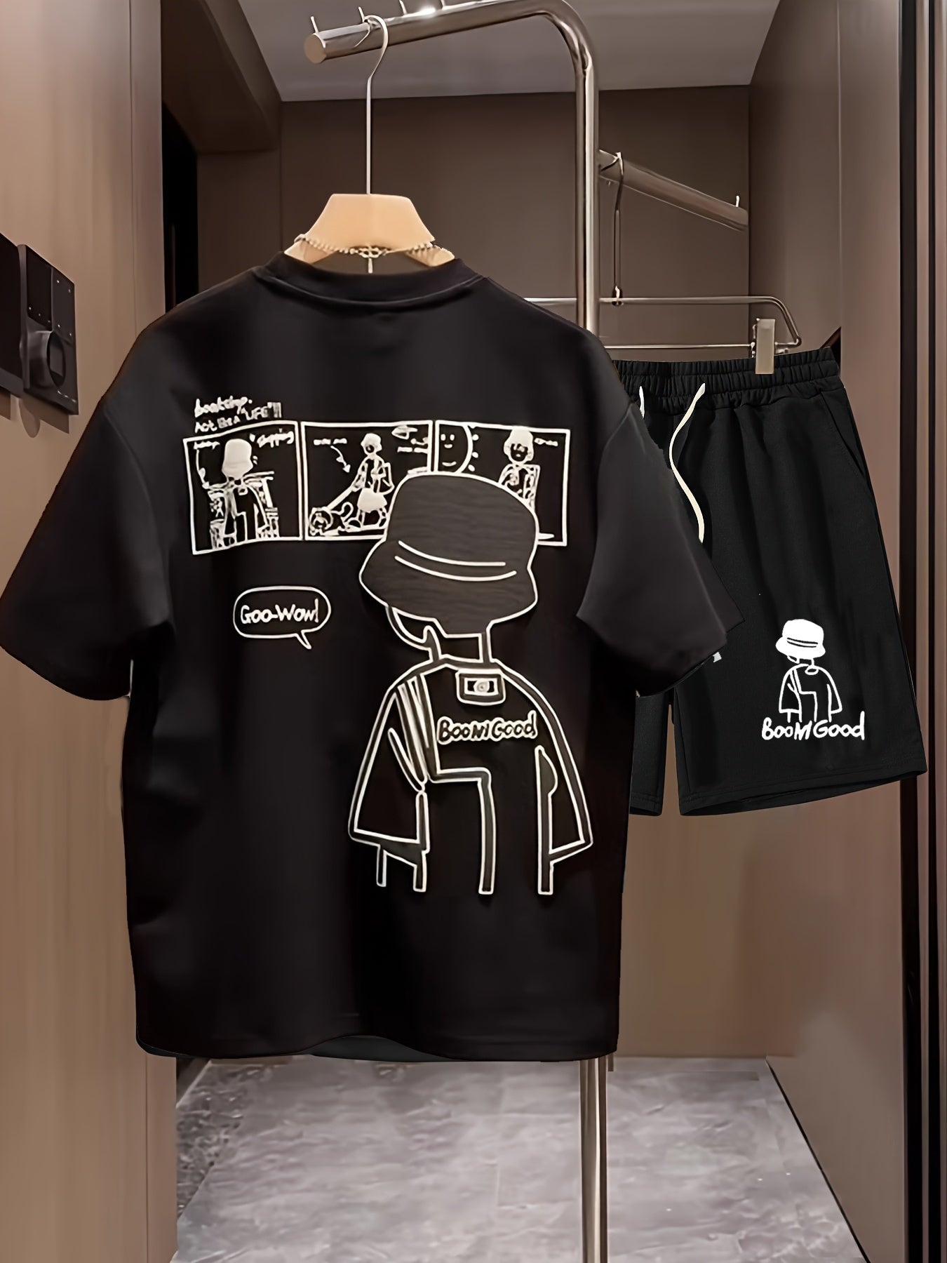 Herrarnas avslappnade set med tryck – t-shirt och shorts, perfekt för vardagsbruk