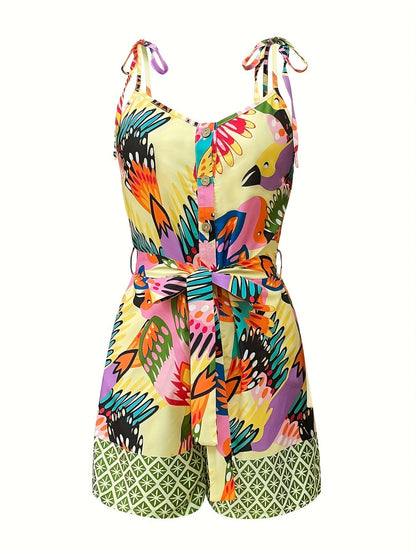Dam Playsuit Sommar Elegant Med Bälte och Färgglatt Mönster – Perfekt för Semester och Fritid