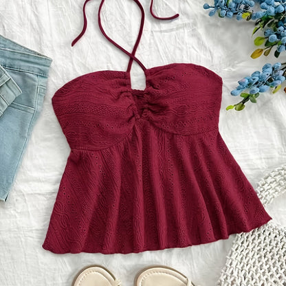 Dam Halterneck Sommartopp med Broderade Detaljer – Romantisk Babydoll Stil