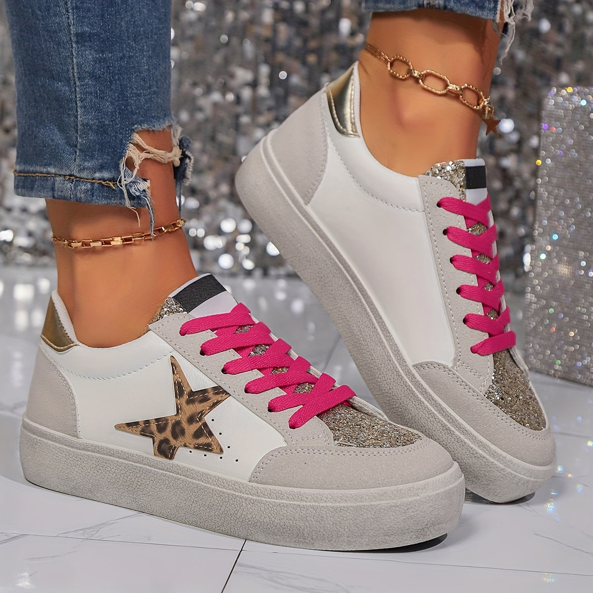 Dam Sneakers med Glittrig Stjärndesign – Trendiga Vardagsskor för Mode och Komfort