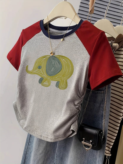 Dam T-shirt med Y2K-stil och elefantmönster – Kort ärm, Trendig vardagströja