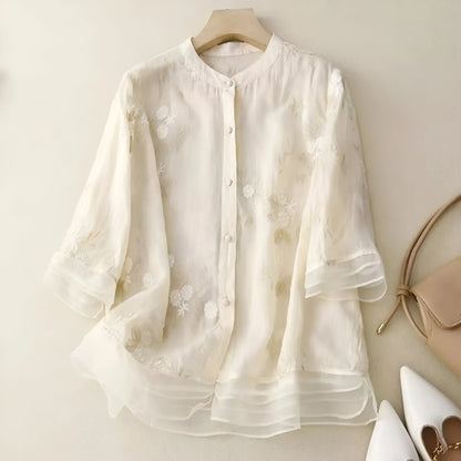 Damblus med broderade blommor och avslappnad passform – Elegant vardagsstil