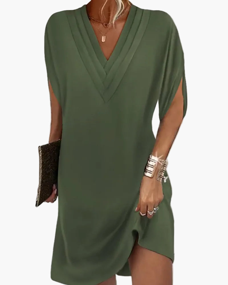 Damklänning V-ringad Elegant Lös Sommarklänning med Slitsärm