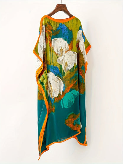 Dam Poncho Kaftan Boho Asymmetrisk Strandtunika med Blommönster