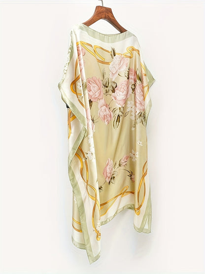 Dam Poncho Kaftan Boho Asymmetrisk Strandtunika med Blommönster