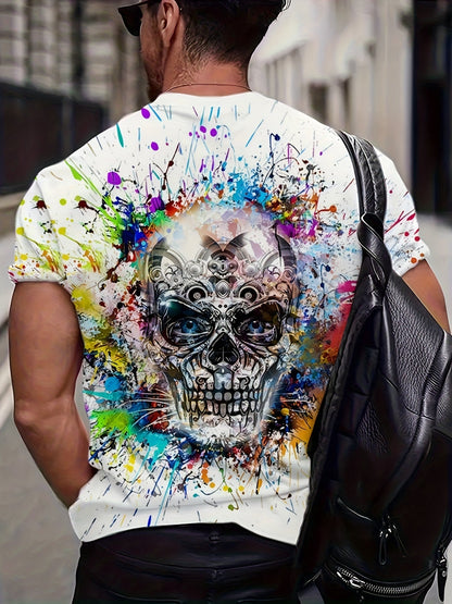 Herr T-shirt med färgstarkt dödskalletryck, streetwear-stil, kortärmad, plus size