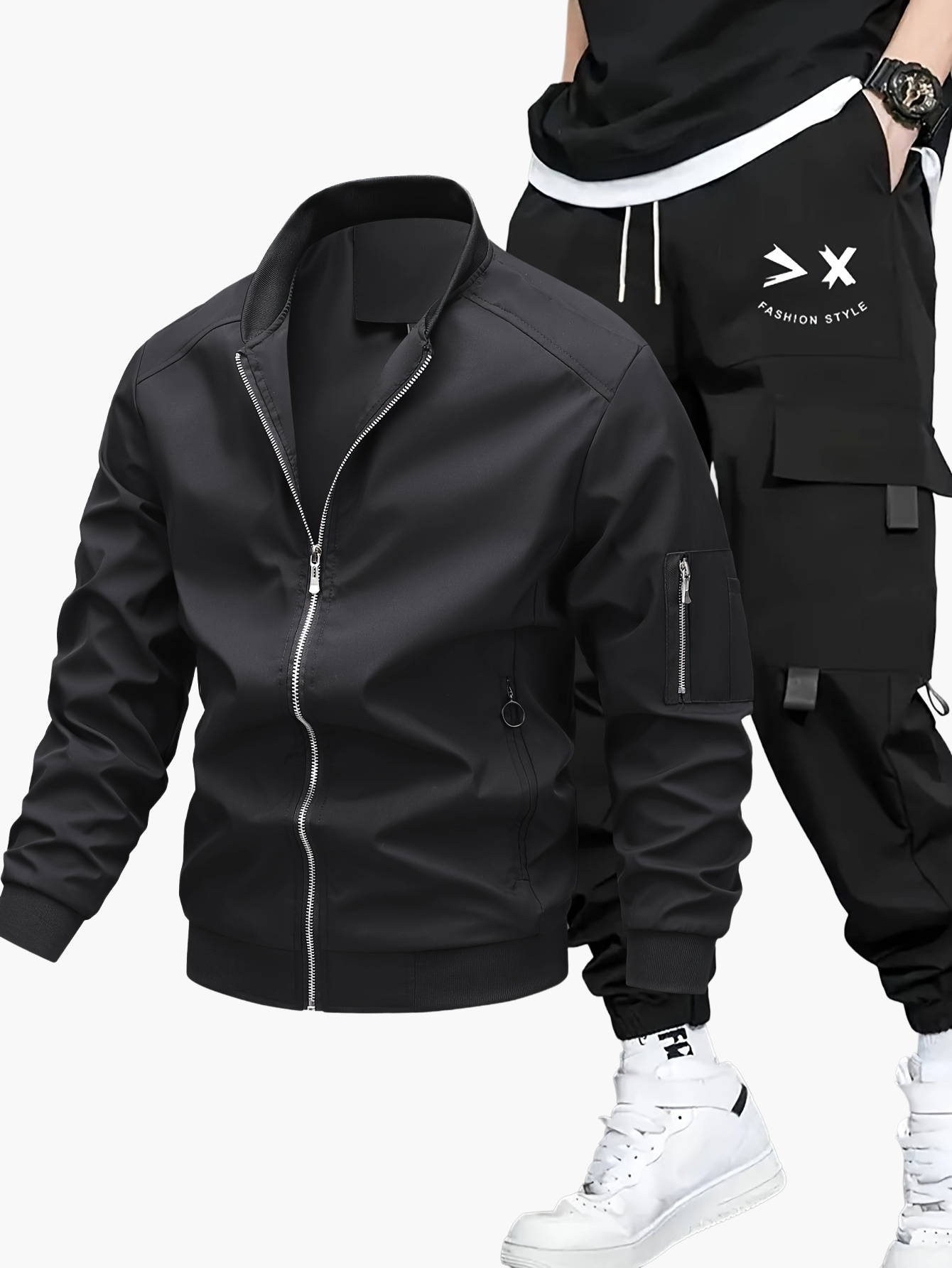 Herr Set med Jacka och Cargobyxor – Trendigt Streetwear för Vår och Höst