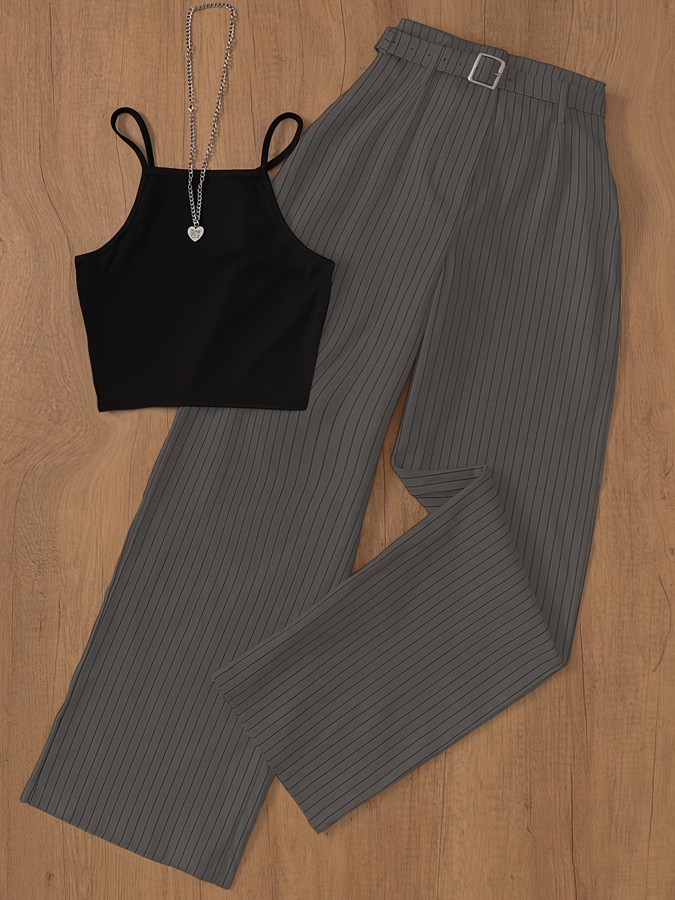 Dam Set: Elegant Randigt Byxor och Crop Top för Vår/Sommar – Perfekt för Kontor och Fest