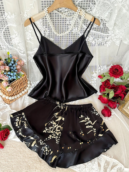 Damernas Satinpyjamas Set med Spetsdetaljer och Blommigt Mönster – Elegant Sommar Nattklädsel