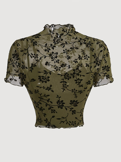 Dam Topp Elegant Mesh Blommönstrad Kortärmad Festtop
