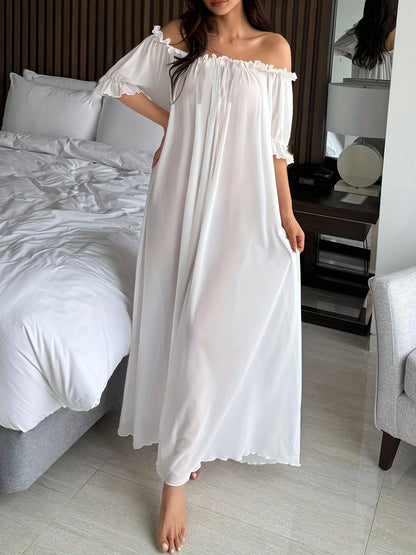 Dam Elegant Off Shoulder Lång Nattklänning med Volang – Sovplagg för Alla Säsonger