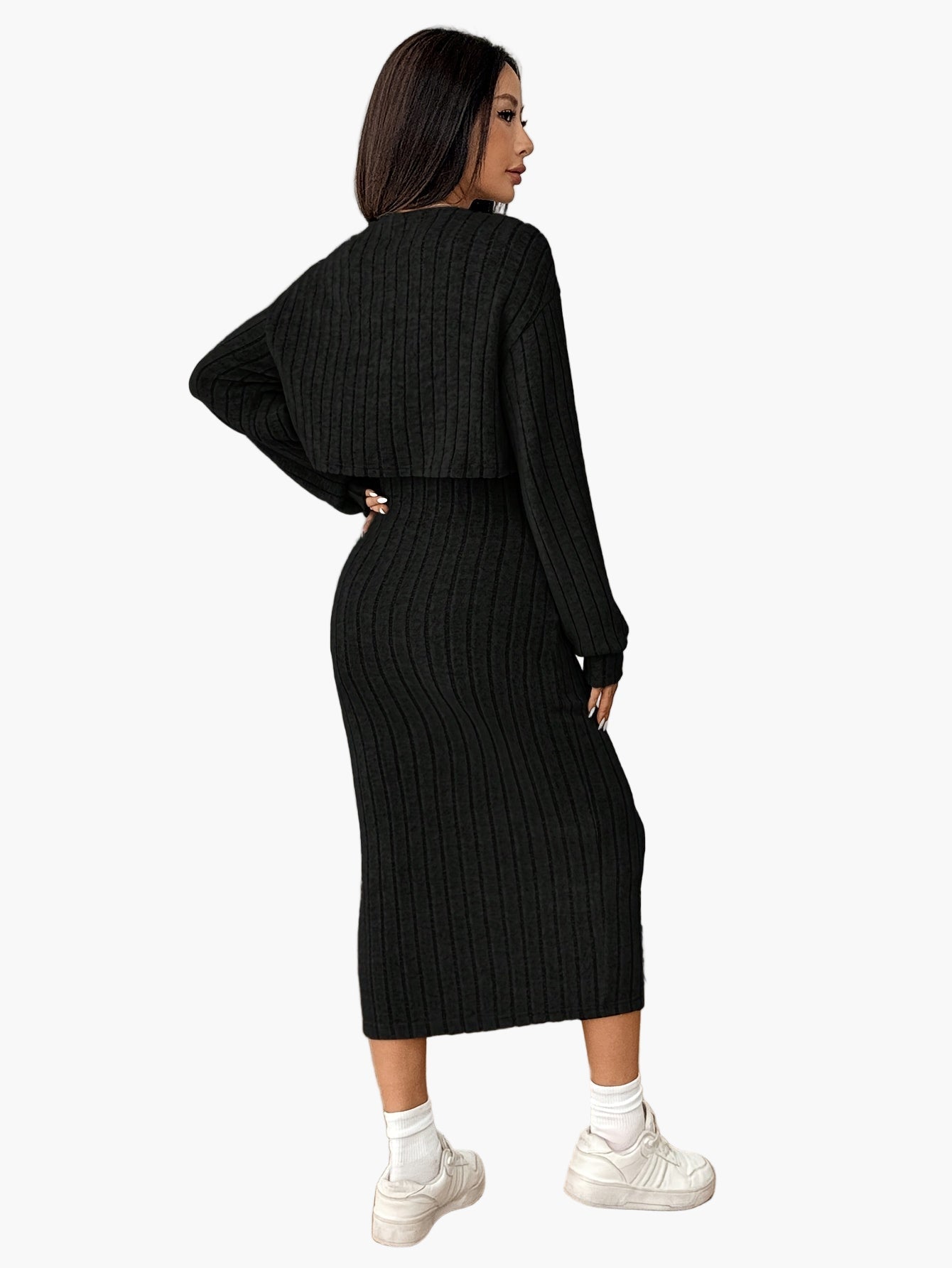 Dam Set med Kjol och Kofta – Elegant Ribbad Stickad Outfit för Vardag och Fritid