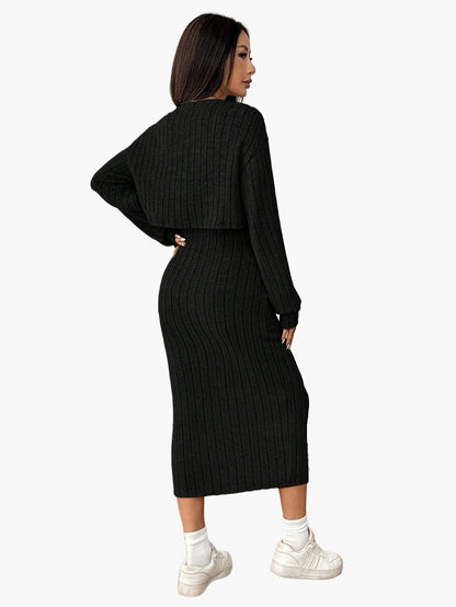 Dam Set med Kjol och Kofta – Elegant Ribbad Stickad Outfit för Vardag och Fritid