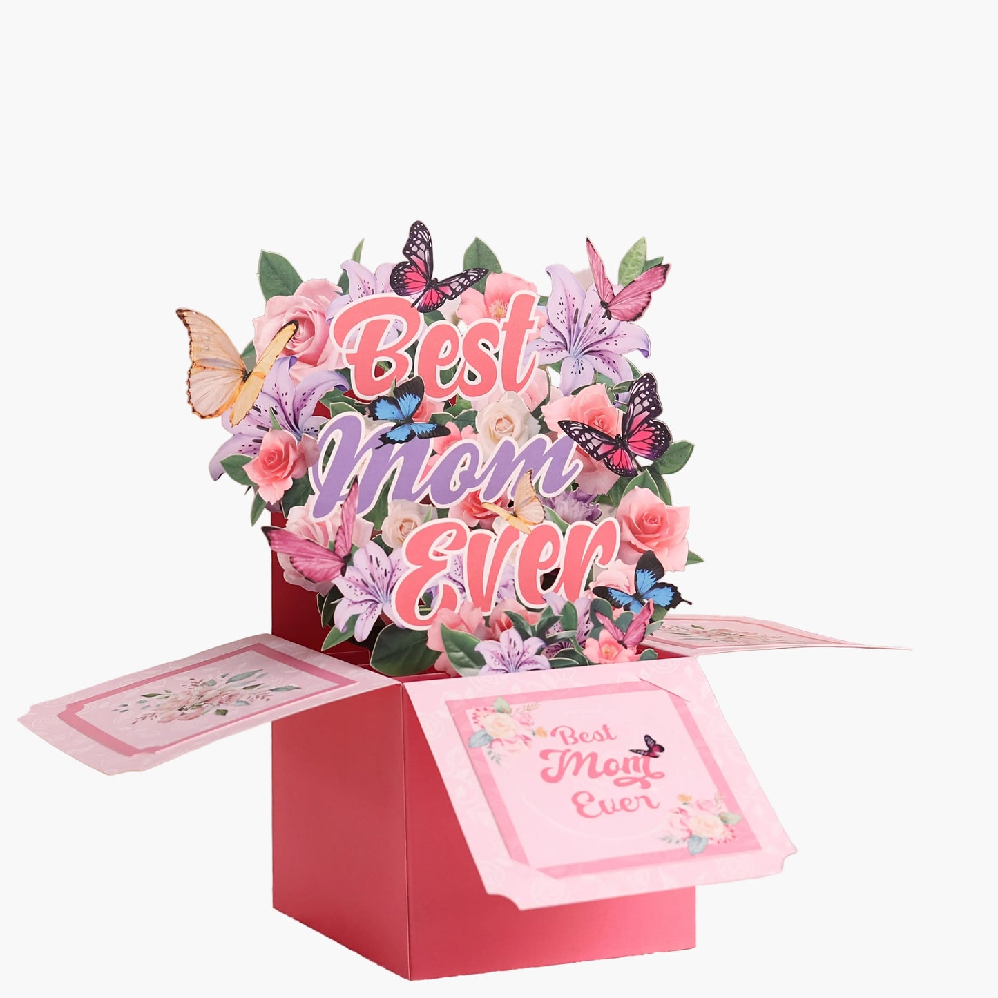 Pop-up kort för kvinnor – Blommande 3D-present till Mors dag med fjärilar och text Best Mom Ever