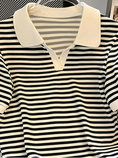 Damers Preppy Randig Pikétröja med Krage – Kortärmad, Vardagsstil, Smart Casual