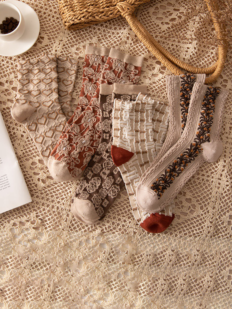 Dam Broderade Vintage Strumpor Blommönster 5-pack Mode och Komfort
